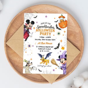 May include: A white Halloween party invitation card featuring Disney characters in costumes, including Mickey as a vampire, Donald in a pumpkin, Goofy as a mummy, Pluto with bat wings, and Minnie as a witch, with text reading Join Us For Spooktacular Halloween Party.