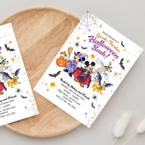 May include: Halloween party invitation featuring Mickey Mouse, Minnie Mouse, Goofy, and Pluto in Halloween costumes. The invitation includes the text "Spook-Tacular Halloween Bash!" and event details. The design incorporates bats, spiderwebs, and candy corn.