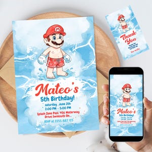 Invitation d'anniversaire de fête de piscine de Mario de Zazzle.be Liste d'envies Vous avez des idées ? Modèle modifiable de toile Super Mario Summer Splash | Téléchargement numérique + étiquette de remerciement