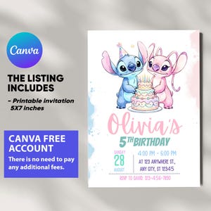 May include: A printable 5x7 inch birthday invitation featuring Stitch and Angel, with the text "Olivia's 5th Birthday". The design includes a cake and event details, set against a blue and pink watercolor background. The listing includes a Canva free account.