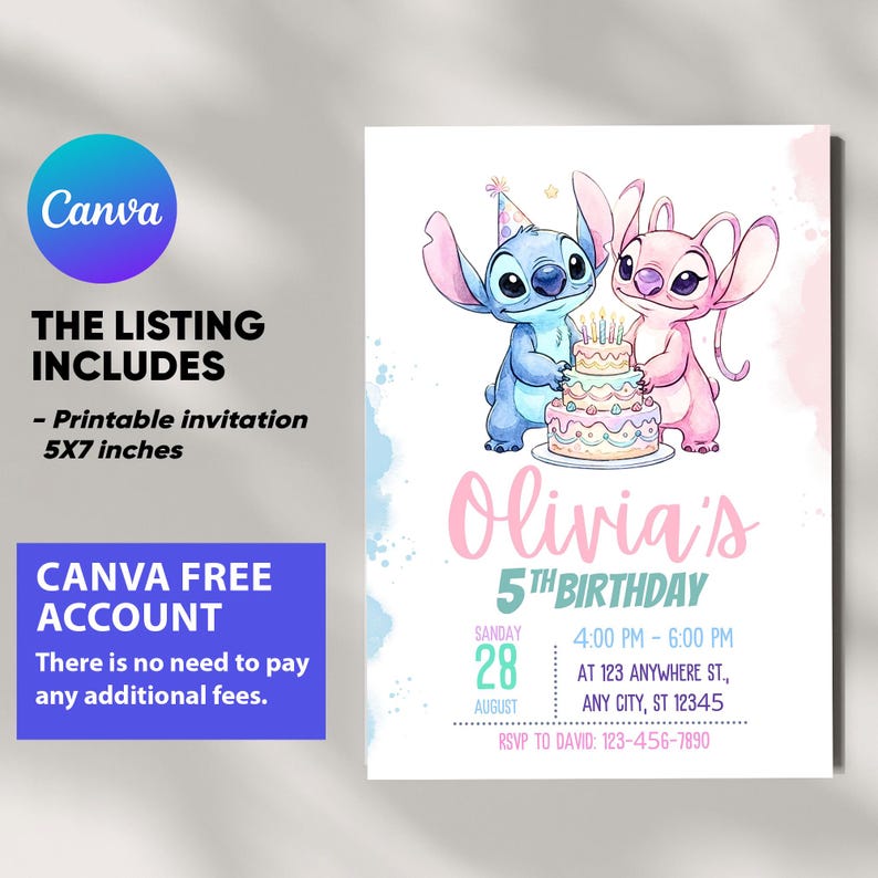 May include: A printable 5x7 inch birthday invitation featuring Stitch and Angel, with the text "Olivia's 5th Birthday". The design includes a cake and event details, set against a blue and pink watercolor background. The listing includes a Canva free account.