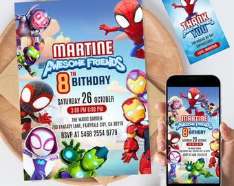 Zaproszenie urodzinowe Iron Man, Spidey i jego wspaniali przyjaciele | Edytowalny szablon zaproszenia Iron Man | Kartka urodzinowa do natychmiastowego pobrania