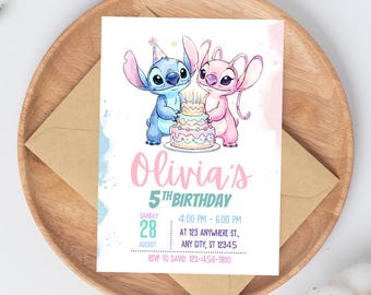 Stitch and Angel holding cake Invitation, Editable Stitch Birthday Invitation, Digital Party Invite, Stitch Party Invitation Printable