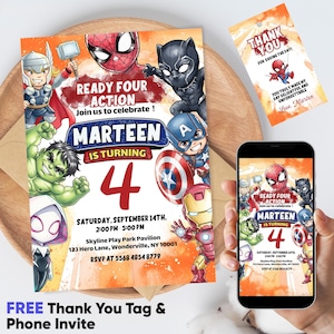 以下が含まれることがあります： スパイダーマンやキャプテン・アメリカなどのマーベルのスーパーヒーローが登場する誕生日パーティーの招待状。招待状は、4歳になるマルティーンという子供のもので、イベントの詳細とサンキュータグが付いています。