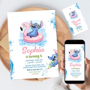 Convite de aniversário para festa na piscina do Stitch | Convite de verão Lilo e Stitch para download digital | Modelo de festa editável
