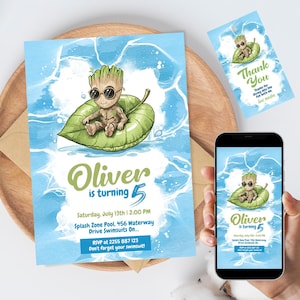 Convite para festa na piscina do Baby Groot | Modelo editável de aniversário dos Vingadores no Canva | Convite fofo de verão com super-heróis para baixar + etiqueta de agradecimento
