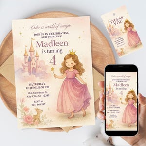 Invitation d'anniversaire princesse de conte de fées fille modèle de fête château rose modifiable baguette magique carte 4e anniversaire téléchargement numérique