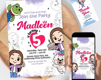 Invitación de cumpleaños de Lara Campos, invitación a la fiesta en la piscina del quinto cumpleaños de Mundo da Lara, plantilla editable de Canva, descarga digital con etiqueta de agradecimiento