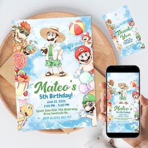 Invitation Super Mario Pool Party de Zazzle.be Liste d'envies Vous avez des idées ? Modèle de toile d'anniversaire d'été tropical | Mario Invite modifiable en téléchargement numérique + étiquette de remerciement