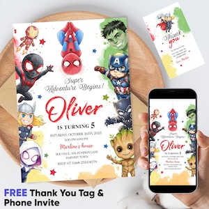 Könnte beinhalten: Eine Geburtstagseinladung mit Superhelden-Illustrationen, darunter Iron Man und Spider-Man. Die Einladung lautet "Super Adventure Begins!" und enthält den Namen "Oliver" und Party-Details. Eine passende Dankeskarte ist ebenfalls abgebildet.
