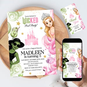 Wicked Birthday Pool Party Einladung Canva Template | Elphaba & Glinda Pool-Party einladen | Wicked Filmparty | sofortiger digitaler Download