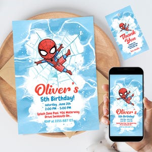 Uitnodiging zwembadfeest Spider-Man | Bewerkbare canvassjabloon superheld Splash verjaardag | Digitale download + bedanktag