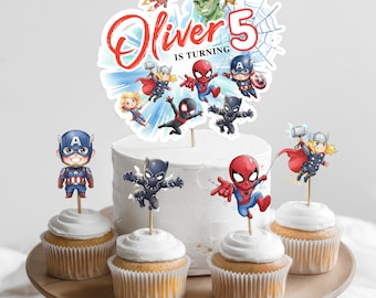 Adorno para tarta de cumpleaños de superhéroes, adorno imprimible para tarta de los Vengadores, decoración digital para tartas de superhéroes infantiles - Ikp01