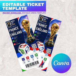 Könnte beinhalten: Zwei rechteckige Ticketvorlagen für die Weltmeisterschaft 2026 mit dem Text France vs England, einem goldenen Pokal, einem Fußball und einem QR-Code. Das Design enthält blaue, rote und grüne Akzente mit Feldern für Datum, Uhrzeit und Veranstaltungsort.
