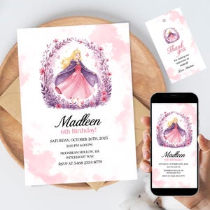 Invitation d'anniversaire modifiable de la Belle au bois dormant pour filles – Modèle sur toile Princesse Aurora | Imprimable et invitation téléphonique avec étiquette de remerciement