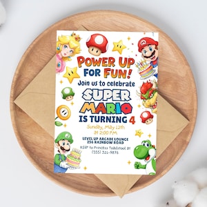 Invitation modifiable de Mario Bros, faire-part d'anniversaire Super Mario, invitations de fête d'anniversaire imprimables, modèle d'invitation de fête d'anniversaire numérique