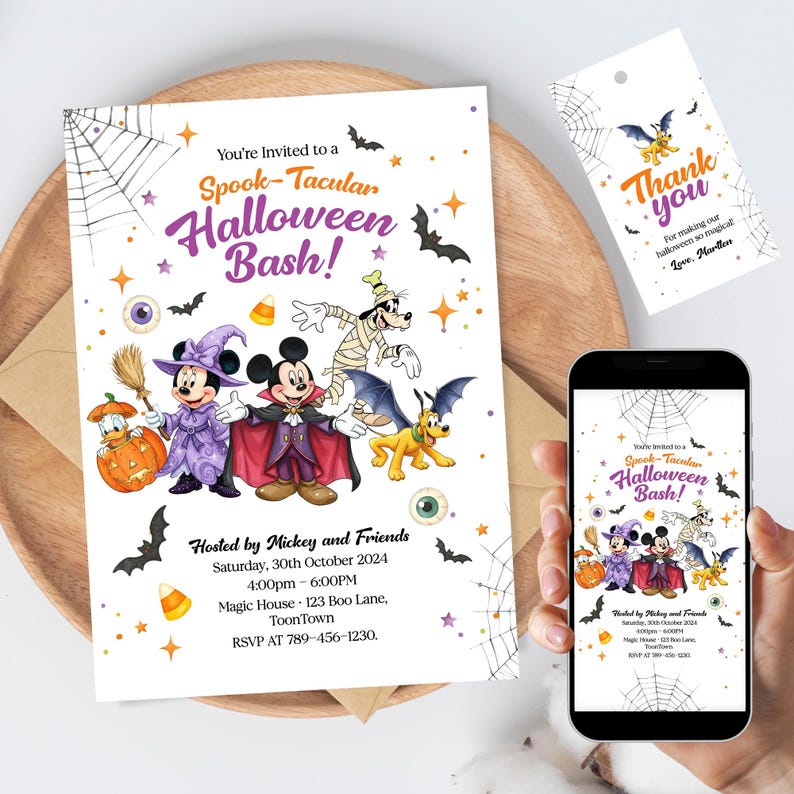 May include: A Halloween party invitation with the text "Spook-Tacular Halloween Bash!" featuring cartoon characters. The invitation includes event details and a "Thank You" tag. A smartphone displays the invitation.