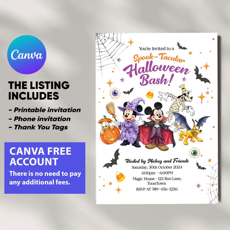 May include: A Halloween Bash invitation featuring Mickey Mouse, Minnie Mouse, and friends in costumes. The invitation includes the text "Spook-Tacular Halloween Bash!" and details for the event, including the date, time, and location.
