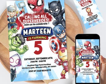 Editable Superhero Birthday Invitation: Avengers Theme (Digital Download, Thank You Tags Included IKP01