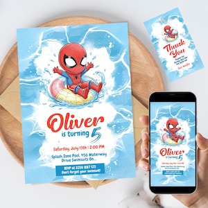 Convite para festa na piscina do Homem-Aranha | Modelo de aniversário de super-herói editável no Canva | Download digital + etiqueta de agradecimento