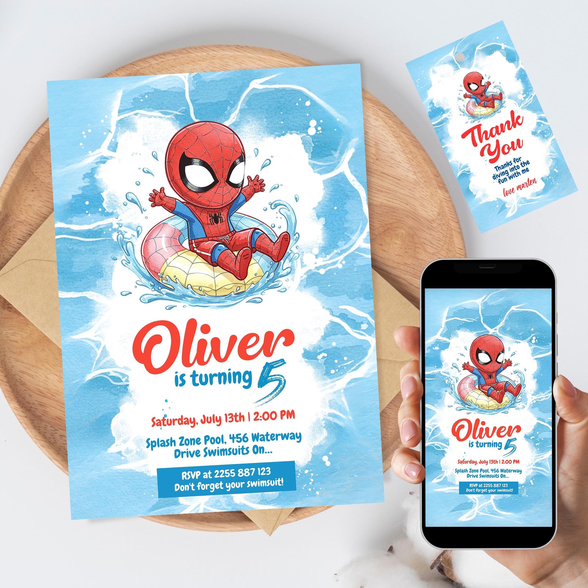 Spider-Man Pool Party Invitation | Editable Superhero Splash Birthday Canva Template | Digital Download + Thank You Tag