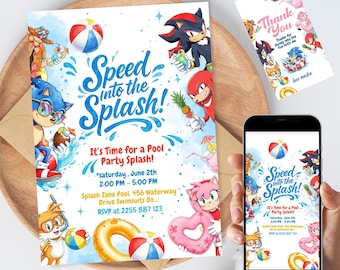 Sonic Pool Party Invitation: Editable Canva Template (Digital Download)
