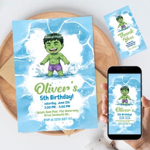 Baby Hulk Pool-Party Einladung | Superheld Geburtstagskarte Vorlage | Bearbeitbar The Avengers Summer Splash Invite Download Danke Tag
