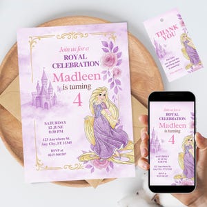 Invitation d'anniversaire Raiponce fille violet princesse modèle modifiable Tangled Party Castle carte numérique 4e anniversaire téléchargement immédiat