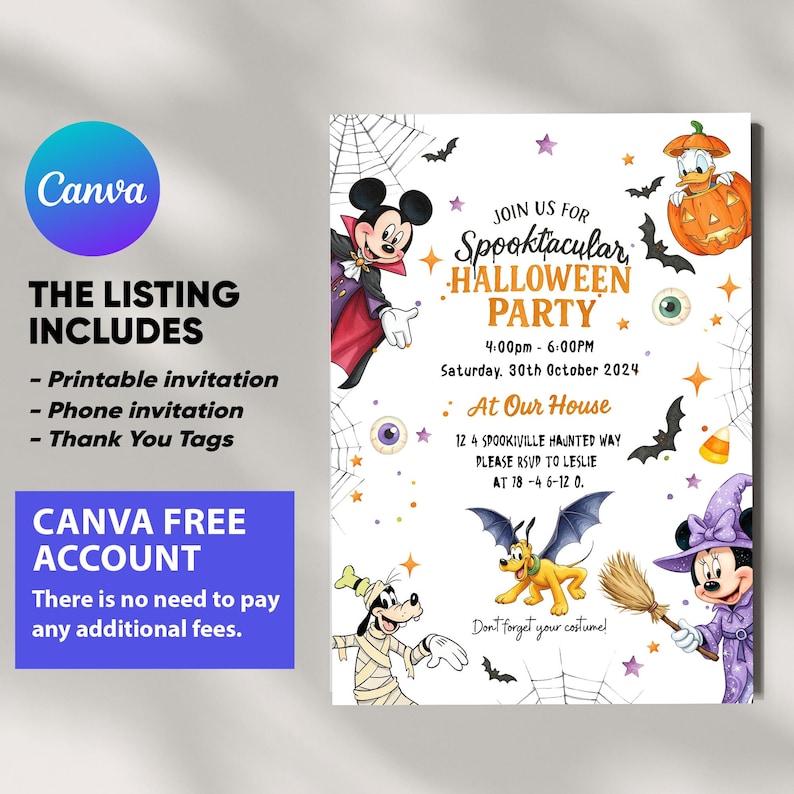 May include: A Halloween party invitation featuring Mickey Mouse as a vampire, Donald Duck in a pumpkin, Goofy as a mummy, and Minnie Mouse as a witch. The text reads: JOIN US FOR SPOOKTACULAR HALLOWEEN PARTY 4:00pm - 6:00pm Saturday, 30th October 2024.