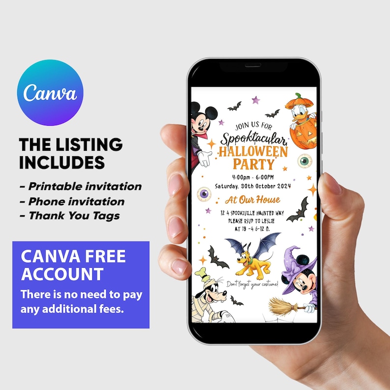May include: A digital Halloween party invitation displayed on a smartphone screen featuring cartoon characters in costumes, bats, and stars. The text reads: Join us for Spooktacular Halloween Party, 4:00pm - 6:00pm, Saturday, 30th October 2024, At Our House, 124 Spookiville Haunted Way, Please RSVP to Leslie at 78-46-120, Don't forget your costume!
