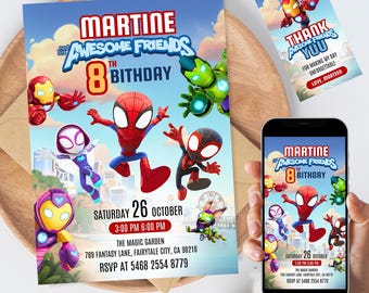 Zaproszenie urodzinowe Iron Man, Spidey i jego wspaniali przyjaciele | Edytowalny szablon zaproszenia Iron Man | Kartka urodzinowa do natychmiastowego pobrania