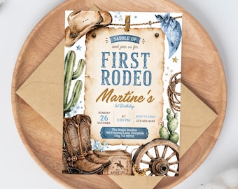 First Rodeo Birthday Invitation Boy, Cowboy Birthday Invite Editable Canva, Western First Birthday Party Template