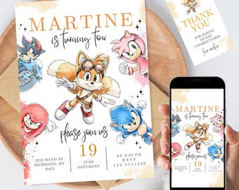 Editable Sonic the Hedgehog Birthday Invitation Template digital dwonload, Printable Kids Sonic Party Invite, shadow, tails, amy, knuckles