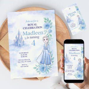 La Reine des neiges Invitation fille princesse des glaces modèle modifiable bleu hiver fête inviter téléchargement numérique 4e anniversaire carte château
