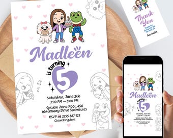 Invitación de cumpleaños de Lara Campos, invitación a la fiesta en la piscina del quinto cumpleaños de Mundo da Lara, plantilla editable de Canva, descarga digital con etiqueta de agradecimiento