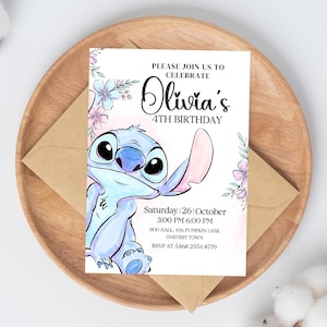 May include: A birthday invitation featuring the character Stitch from Lilo & Stitch. The invitation has the text "Olivia's 4th Birthday" and event details. The design includes floral accents and is set on a wooden tray with a brown envelope.
