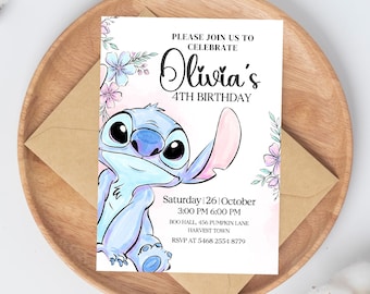 Invitación de cumpleaños editable de Stitch, invitación de cumpleaños editable de Stitch, invitación digital para fiesta, invitación imprimible para fiesta de cumpleaños de Stitch
