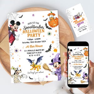 May include: A Halloween party invitation card and matching thank you tag featuring Disney characters in costumes, including Mickey Mouse as a vampire, Donald Duck in a pumpkin, and Minnie Mouse as a witch, with text details for a party on October 30th.