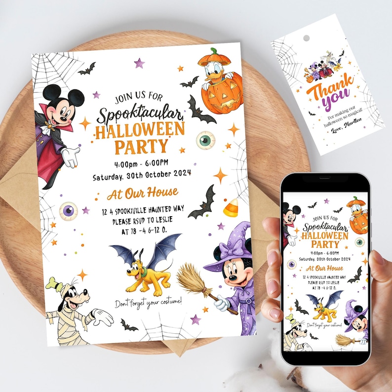 May include: A Halloween party invitation card and matching thank you tag featuring Disney characters in costumes, including Mickey Mouse as a vampire, Donald Duck in a pumpkin, and Minnie Mouse as a witch, with text details for a party on October 30th.