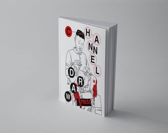 Könnte beinhalten: Ein weißes Buch mit einer schwarz-roten Illustration. Die Illustration zeigt eine Person mit den Worten "CHANNEL DRAW" und "PRESS" in Rot und Schwarz. Das Buch steht auf einer weißen Oberfläche.