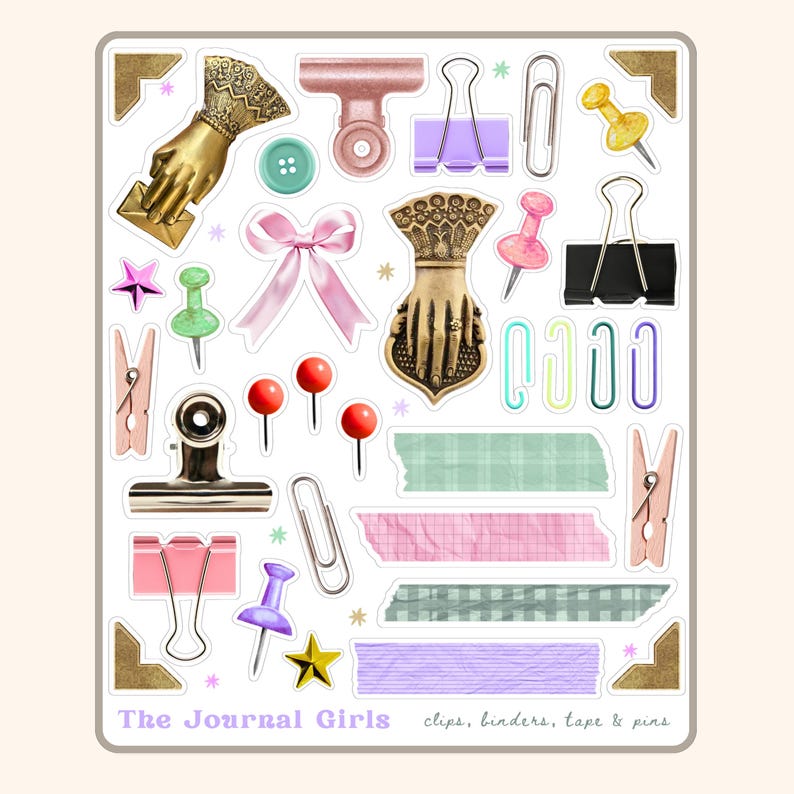 May include: A sheet of colorful stickers featuring various office supplies, including clips, binders, tape, and pins. The stickers are designed in a vintage style with a hand-drawn aesthetic. The text "The Journal Girls" and "clips, binders, tape & pins" is included on the sheet.