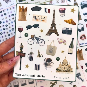 Stickers fille parisienne • Planche d'autocollants esthétiques pour écrire dans un journal indésirable • Fournitures de scrapbooking • Fille citadine • Stickers France • Stickers pinterest