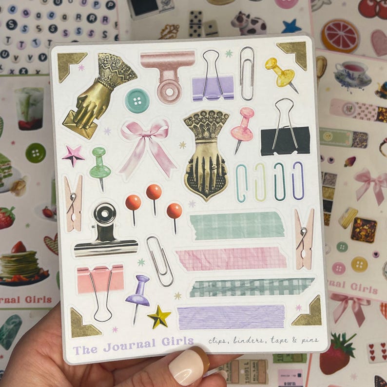 Craft supply stickers • Binder clips, pins, washi tape and paper clips • Crafty girl aesthetic sticker sheet for junk journals and scrapbook