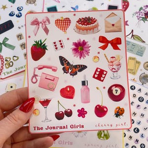 Adesivi Cherry Girl • Foglio di adesivi estetici rossi e rosa per il diario spazzatura • Forniture per album • Adesivi Pinterest Crafty Cool Girl •