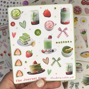 Matcha Aufkleber • Ästhetische Aufkleber für Junk Journaling • Scrapbook Zubehör • Niedliche Erdbeer Aufkleber