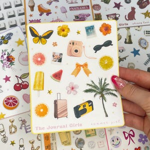 Stickers fille d'été • Stickers d'été pour agendas et scrapbooking • Feuille d'autocollants de vacances • Stickers esthétiques pour carnet de voyage