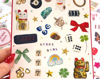 Lucky girl stickers • Aesthetic lucky charms and trinkets sticker sheet for junk journaling • Stickers for vision board • Scrapbook supplies