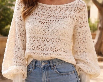 Ivory Lace Pullover Häkelanleitung PDF, Top Down Raglanpullover, Boho Top (XS-5X)