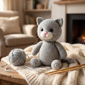 May include: A handmade gray knitted cat doll with black eyes and a pink nose and mouth. The cat is sitting on a cream-colored knitted blanket next to a ball of gray yarn and knitting needles. The cat is a soft toy.