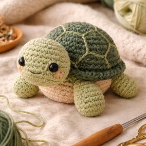 Könnte beinhalten: Eine handgefertigte Häkelschildkröte in Grün- und Beigetönen. Die Schildkröte hat einen strukturierten Panzer, ein lächelndes Gesicht mit schwarzen Augen und kleinen rosa Wangen. Die Schildkröte wird auf einer weichen, neutralfarbenen Oberfläche präsentiert.